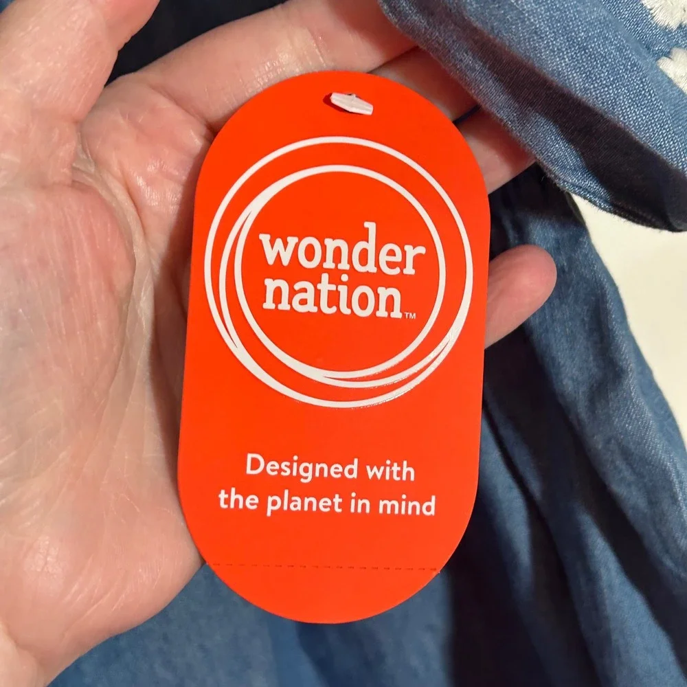 NWT Wonder Nation Girls XS 4-5 Blue Chambray Embroidered Bubble‎ Sleeve Dress